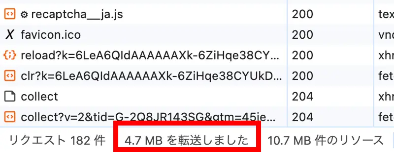 ネットワークパネル下部の転送量